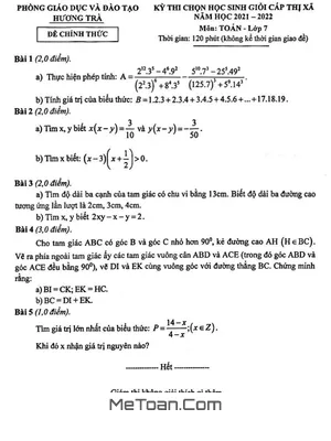 Đề thi học sinh giỏi Toán 7 năm 2021 - 2022 phòng GD&ĐT Hương Trà - TT Huế