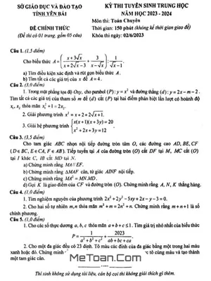 Đề thi Tuyển sinh Lớp 10 Môn Toán (Chuyên) Năm 2023 - 2024 Sở GD&ĐT Yên Bái
