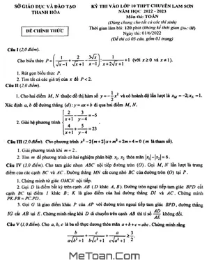 Đề thi vào lớp 10 môn Toán trường chuyên Lam Sơn - Thanh Hóa năm 2022 - 2023