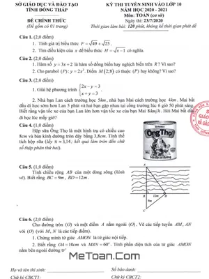 Đề thi tuyển sinh vào lớp 10 môn Toán năm 2020 - 2021 Sở GD&ĐT Đồng Tháp