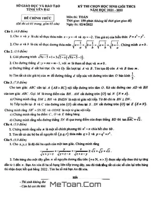 Đề thi HSG Toán THCS năm 2021-2022 Sở GD&ĐT Yên Bái