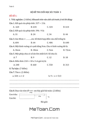 Bộ 20 Đề Thi Cuối Học Kì 1 Môn Toán Lớp 3