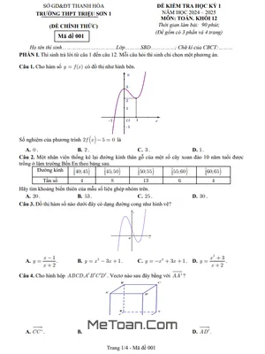 Đề thi học kỳ 1 Toán 12 năm 2024 - 2025 trường THPT Triệu Sơn 1 - Thanh Hóa