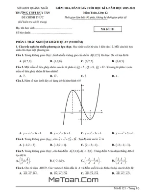 Đề Thi Cuối Học Kì 1 Toán 12 Năm 2025 – 2026 Trường THPT Duy Tân – Quảng Ngãi