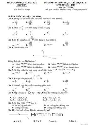 Đề Giữa Học Kì 2 Toán 6 Năm 2024 – 2025 Phòng GD&ĐT Hiệp Hòa – Bắc Giang
