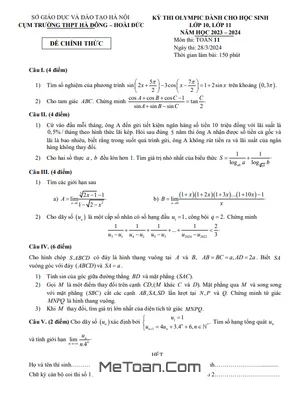Đề thi Olympic Toán 11 năm 2023 - 2024 cụm Hà Đông & Hoài Đức - Hà Nội