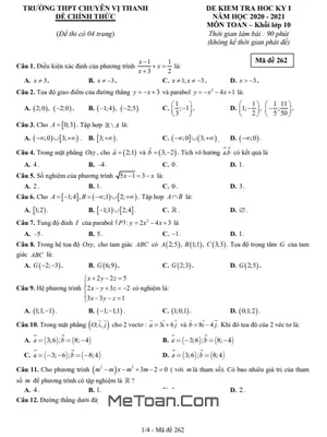 Đề thi học kỳ 1 Toán 10 năm 2020 - 2021 trường THPT Chuyên Vị Thanh - Hậu Giang