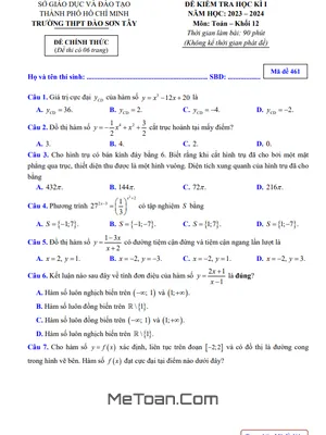 Đề thi học kì 1 Toán 12 năm 2023 - 2024 trường THPT Đào Sơn Tây - TP.HCM