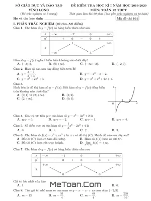Đề kiểm tra học kì 1 Toán 12 năm 2019 - 2020 sở GD&ĐT Vĩnh Long