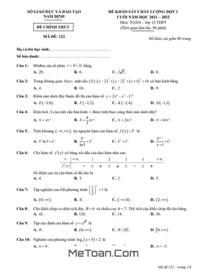Đề khảo sát chất lượng Toán 12 đợt 1 cuối năm 2021 - 2022 Sở GD&ĐT Nam Định