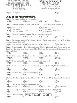 Đề Thi Cuối Kì 1 Toán 11 Năm 2022 - 2023 Trường THPT Thanh Đa - TP.HCM (Có Đáp Án)