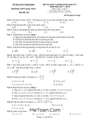 Đề thi chất lượng giữa học kỳ 1 môn Toán lớp 12 năm 2017-2018 trường THPT Giao Thủy - Nam Định (có đáp án)