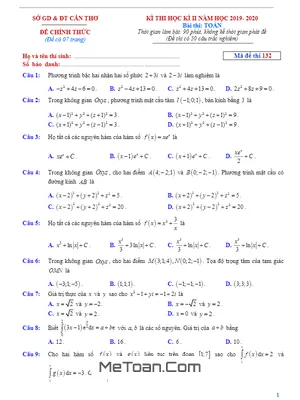 Đề thi HK2 Toán 12 GDTHPT năm học 2019 - 2020 sở GD&ĐT Cần Thơ