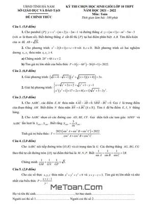 Đề thi chọn học sinh giỏi Toán 10 năm 2021 - 2022 Sở GD&ĐT Hà Nam