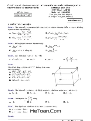Đề kiểm tra HK2 Toán 11 năm 2018 - 2019 trường Võ Thành Trinh - An Giang