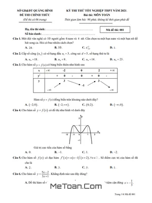Đề thi thử tốt nghiệp THPT 2021 môn Toán sở GD&ĐT Quảng Bình (có đáp án)