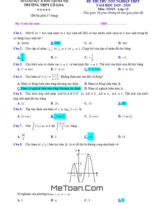 Đề thi thử tốt nghiệp THPT 2020 môn Toán trường THPT Cổ Loa - Hà Nội