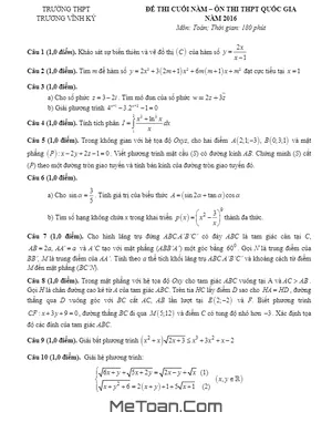 Đề Thi Thử Quốc Gia 2016 Môn Toán Trường THPT Chuyên Trương Vĩnh Ký - Bến Tre