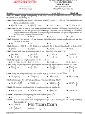 Đề kiểm tra lần 4 Toán 10 năm 2023 - 2024 trường THPT Trần Phú - Vĩnh Phúc