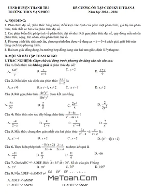Đề Cương Ôn Tập Cuối Kì 2 Toán 8 Năm 2023 - 2024 Trường THCS Vạn Phúc - Hà Nội