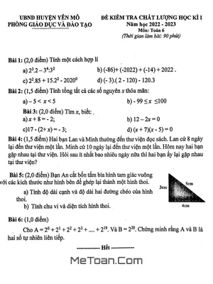 Đề Thi Học Kì 1 Toán 6 Năm 2022 - 2023 Phòng GD&ĐT Yên Mô - Ninh Bình