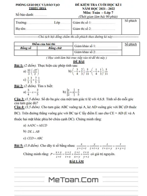 Đề thi học kì 1 Toán 7 năm 2021 - 2022 phòng GD&ĐT Thiệu Hóa (có đáp án)