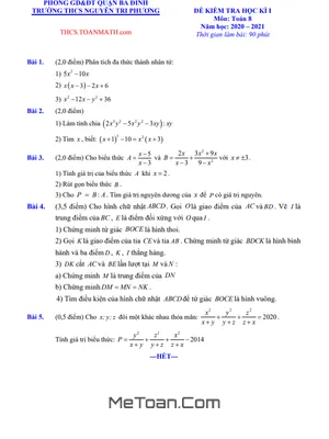 Đề thi học kì 1 Toán lớp 8 năm 2020 - 2021 trường THCS Nguyễn Tri Phương - Hà Nội