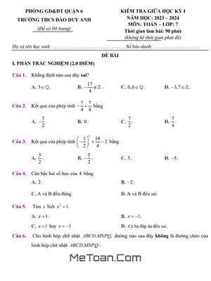 Đề Thi Giữa Kỳ 1 Toán 7 Năm 2023 - 2024 Trường THCS Đào Duy Anh - TP HCM