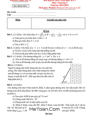 Đề thi học kì 1 Toán 9 năm 2022 - 2023 phòng GD&ĐT Ba Vì - Hà Nội