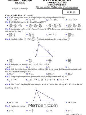 Đề thi cuối kì 2 Toán 8 năm 2022 - 2023 Sở GD&ĐT Bắc Giang