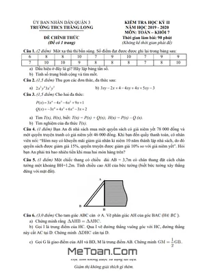 Trọn bộ Đề thi HK2 Toán 7 năm 2019-2020 trường THCS Thăng Long - TP HCM (có đáp án)