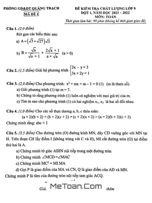 Đề kiểm tra Toán 9 đợt 1 năm 2021 – 2022 phòng GD&ĐT Quảng Trạch – Quảng Bình