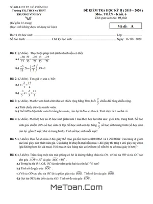 Đề thi học kì 2 Toán lớp 6 năm 2019 - 2020 trường Trương Vĩnh Ký - TP.HCM (có đáp án)