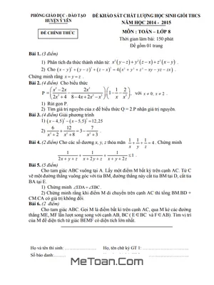 Đề thi học sinh giỏi Toán 8 năm 2014 - 2015 phòng GD&ĐT Ý Yên - Nam Định