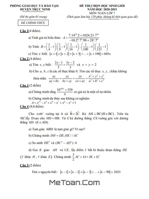 Đề thi học sinh giỏi Toán 7 năm 2020 - 2021 phòng GD&ĐT Trực Ninh - Nam Định