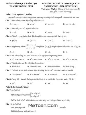 Đề học kì 2 Toán 9 năm 2023 – 2024 phòng GD&ĐT thành phố Ninh Bình