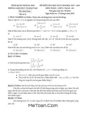 Đề thi học kỳ 2 Toán 9 năm 2017 - 2018 phòng GD&ĐT Hoàng Mai - Hà Nội
