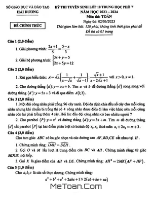Đề thi tuyển sinh lớp 10 môn Toán năm 2023 - 2024 Sở GD&ĐT Hải Dương