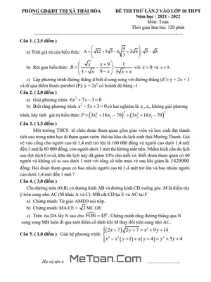 Đề thi thử Toán lần 3 vào lớp 10 năm 2022 phòng GD&ĐT Thái Hòa - Nghệ An
