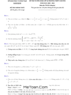 Đề Thi Tuyển Sinh Lớp 10 Chuyên Toán Sở GD&ĐT Nam Định Năm 2020 - 2021