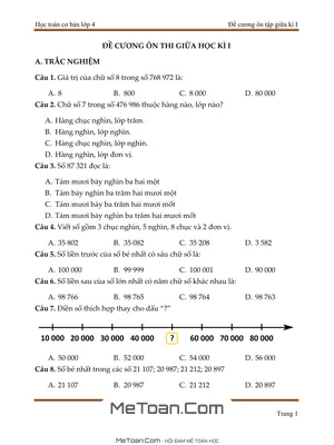 Đề Cương Ôn Luyện Thi Giữa Kỳ 1 Môn Toán Lớp 4