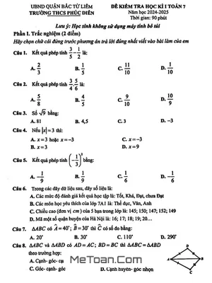 Đề thi học kì 1 Toán 7 năm 2024 - 2025 trường THCS Phúc Diễn - Hà Nội
