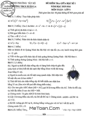 Đề Thi Giữa Kì 1 Toán 8 Năm 2025 - 2026 Trường THCS Xuân La, Hà Nội [File PDF Kèm Đáp Án]