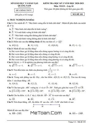 Đề thi học kì 1 Toán 10 năm 2020 - 2021 sở GD&ĐT Quảng Nam