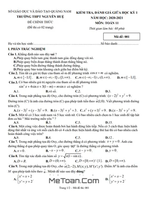 Đề thi giữa HK1 Toán 11 năm 2020 - 2021 trường THPT Nguyễn Huệ - Quảng Nam