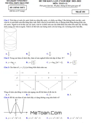 Đề thi KSCL Toán 12 lần 2 năm 2021 – 2022 trường THPT Trần Phú – Vĩnh Phúc
