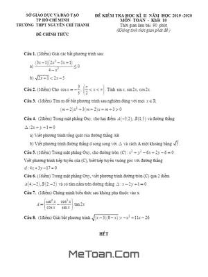 Đề thi học kì 2 Toán 10 năm 2019 – 2020 trường THPT Nguyễn Chí Thanh – TP HCM (Có lời giải)