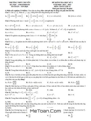 Đề Thi Học Kỳ 1 Toán 11 Năm 2022 - 2023 Trường THPT Chuyên Hà Nội - Amsterdam