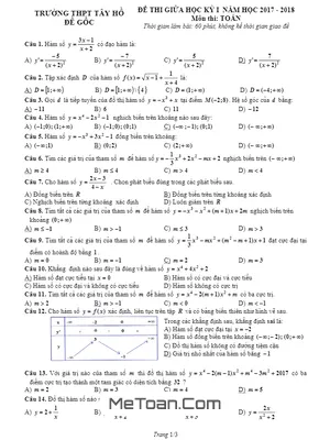 Đề thi giữa học kỳ I Toán 12 năm 2017 - 2018 trường THPT Tây Hồ - Hà Nội - Full Đề + Đáp án