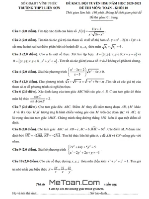 Đề KSCL Đội Tuyển HSG Toán 10 Năm 2020 - 2021 Trường Liễn Sơn - Vĩnh Phúc